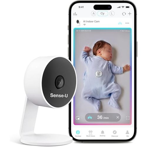 Sense-U AI Baby Camera Monitor with Sensor-Free Sleep Breathing Movement Detection, Smart Security Indoor Video Camera with Background Audio, Sound Detection, No Monthly Fee, for Peace of Mind