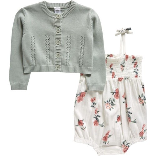 Baby Floral Cotton Bubble Romper & Cardigan Set, 6M, Ivory Egret Leona Floral