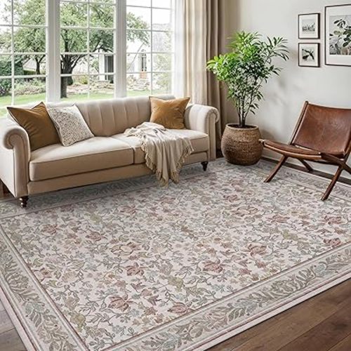 GarveeHome 5x7 Area Rugs Washable Rugs for Living Room, Boho Vintage Rug Non Slip Low Pile Stain Resistance Indoor Soft Large Carpet for Bedroom Dining Room Office Beige Pink