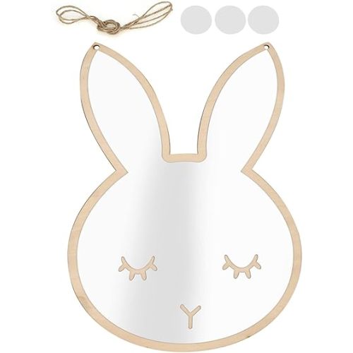 Rabbit Shaped Acrylic Mirror, Decorative Cartoon Rabbit Mirror Wall Sticker Home Decor Shatterproof Mirror with Hanging Hemp Rope Nordic Style Decoration for Wall Playroom Bedroom Art Home