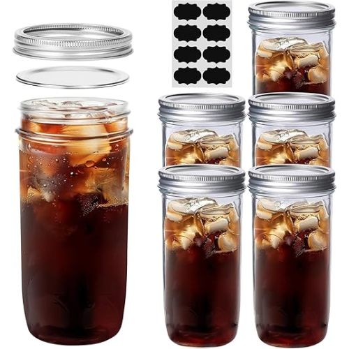 ComSaf 24 oz Mason Jars Wide Mouth 6 Pcs, Large Canning Jars with Seal Bands, 24 oz Glass jar with Lid for Jam, Sauce, Juice, Coffee, Pickling, Fruit, Dessert, Kitchen Storage, Vanilla Extract