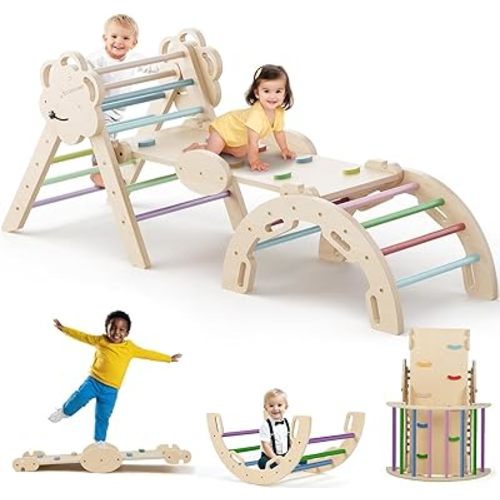 COSYLAND Pikler Triangle Set - 8 in 1 Large Montessori Climbing Toys for Indoor - Wooden Foldable Jungle Gym for Toddler & Baby, CPC/SOR/CE Certified Enjoys Unique Patented Design, Rainbow