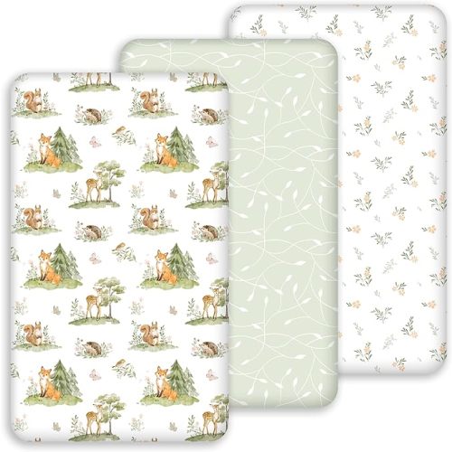 Baby Bassinet Sheets 33x20 for Newton,Airclub,Maxi Cosi,Angelbliss,Dream on Me,Mika,Harppa,Amke,ezebaby Rectangle Bassinet Mattress - Green Animalsl 3 Pack Girl & Boy