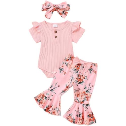 Baby Girl Clothes Infant Rib Button Short Sleeve Romper Leopard Flared Pants Headband Summer Clothing Set 3pcs