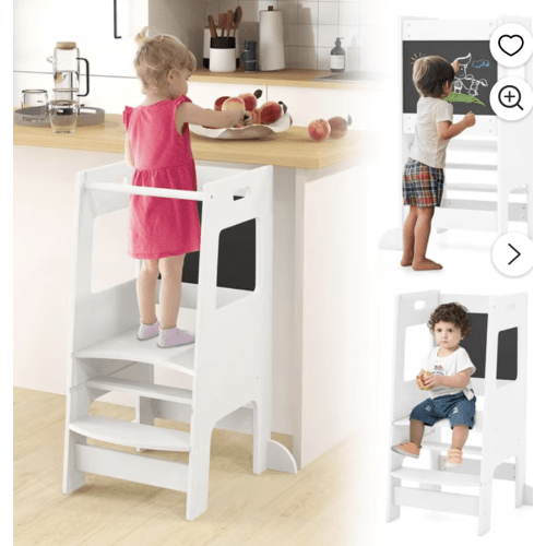 OLAKIDS Toddler Standing Tower, Kids Montessori Kitchen Step Stool Helper with 2 Adjustable Height Learning Blackboard Safety Rail Wooden, Anti-Slip Mats,