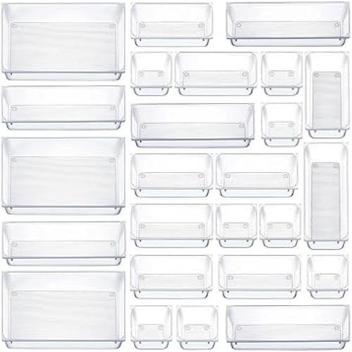 MPM 25pcs Drawer Organizer, 4 Sizes Clear Plastic Desk Divider Storage Bins, Multipurpose Trays, For Organization of Acc