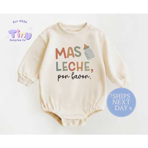 Más Leche Baby Romper, Natural Color Bodysuit, Spanish Milk Bottle Design, Long Sleeve