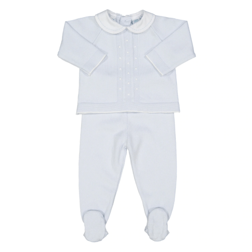 Pique Collar Dot Footed Knit Set, Blue- 9M