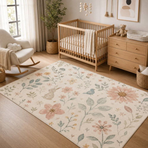 Dakota Fields "Ultra Lightweight" 5'x7' Wildflower Bunny Garden Area Rug, Soft Low Pile Indoor Rug with Non-Slip Silicone Backing, Floral Nursery Carpet for Kids Room, Playroom, Bedroom, Beige Pink | Wayfair