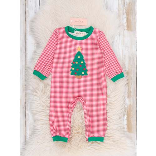 Gingham Christmas Tree Embroidered Romper
