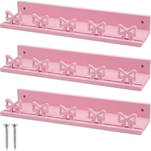 Nuanchu Set of 3 Pink Bow Wooden Floating Shelves Wall Mounted Bow Design Wall Book Shelves Display Holders for Nursery Living Room Bedroom Home Decor(Classic)