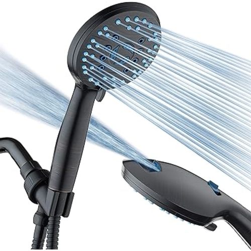 Hotel Spa AquaCare High Pressure 8-mode Handheld Shower Head - Anti-clog Nozzles, Built-in Power Wash to Clean Tub, Tile & Pets, Extra Long 6 ft. Stainless Steel Hose, Wall & Overhead Brackets