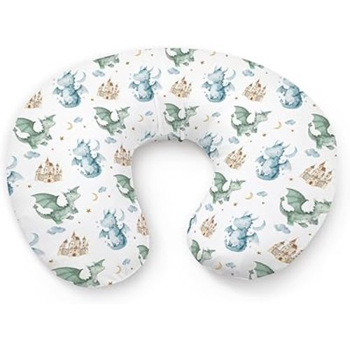 Cartoon Dragon Pattern Nursing Pillow Cover, Unisex Cloud Star Moon Castle Removable Breastfeeding Pillowcase Slipcover for Baby Girls Boys Newborns Toddlers, Cover Only