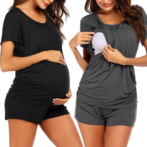 Ekouaer Women's Maternity Nursing Pajama Set Breastfeeding Sleepwear Set Double Layer Short Sleeve Top & Pants Pregnancy PJS