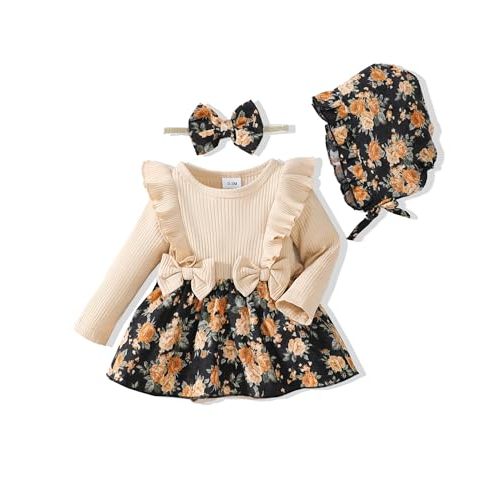 Renotemy Newborn Baby Girl Clothes Infant Girl Outfits Knit Romper Dress with Hat Baby Clothes for Girls 0-18 Months