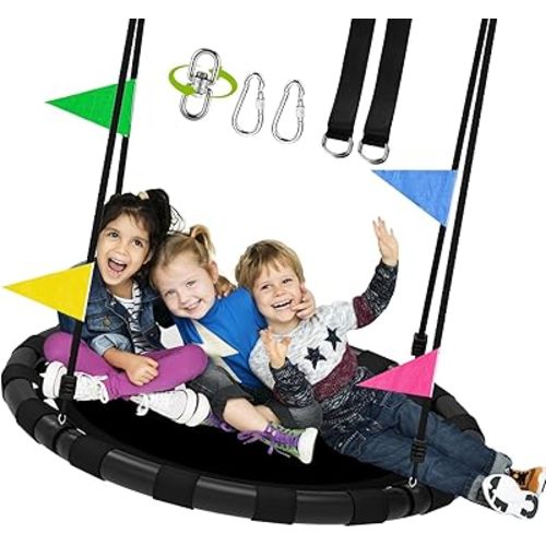 48 Inch Saucer Swing for Kids & Adults, 900lbs Weight Capacity Heavy Duty Tree Swing Sets for Backyard with 2 Hanging Straps, Adjustable Ropes & Center Swivel Spinner, Gifts for Family, Black