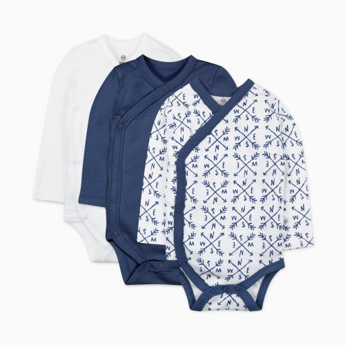 Honest Baby Clothing 3-Pack Organic Cotton Long Sleeve Side Snap Bodysuits - Compass Blue, Nb