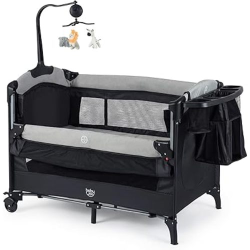 BABY JOY 5-in-1 Pack and Play, Baby Bedside Sleeper with Bassinet, Portable Baby Playard with U-Shaped Diaper Changer, Safety Strap, Multifunction Baby Bassinet Bedside Crib from Newborn to Toddlers