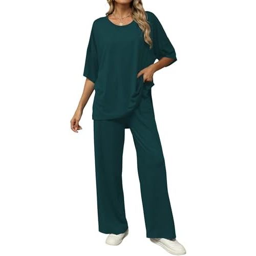 KevaMolly 2 Piece Lounge Set for Women Postpartum Oversized Tops and Wide Leg Pants Soft Comfy Pajamas Set 2 Piece Outfits