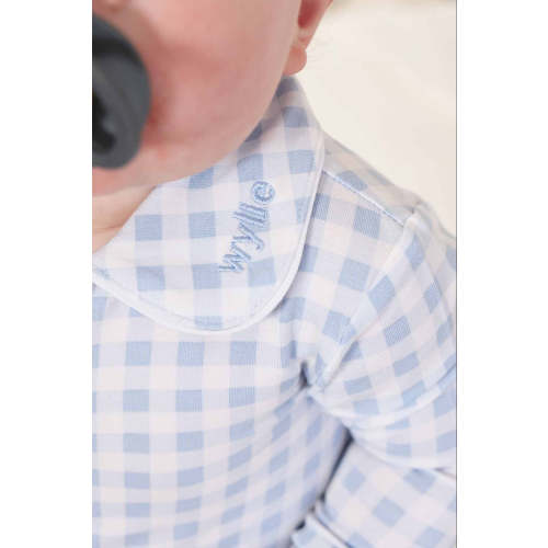 Peter Pan Collar Zipper Footie in Dusty Blue Gingham | Caden Lane