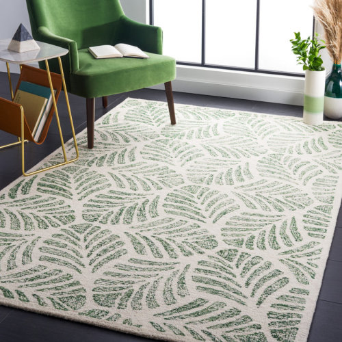 Beachcrest Floral Tufted Wool Area Rug in Ivory / Green 5x7 rectangle