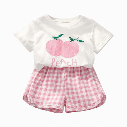 mgoYE Baby Girl Summer Clothes 18 24 Months Cartoon Fruit Plaid Print Short Sleeve T-Shirts Shorts Clothing Set 2pcs Shorts Outfits Set(Pink,6-12 Months)