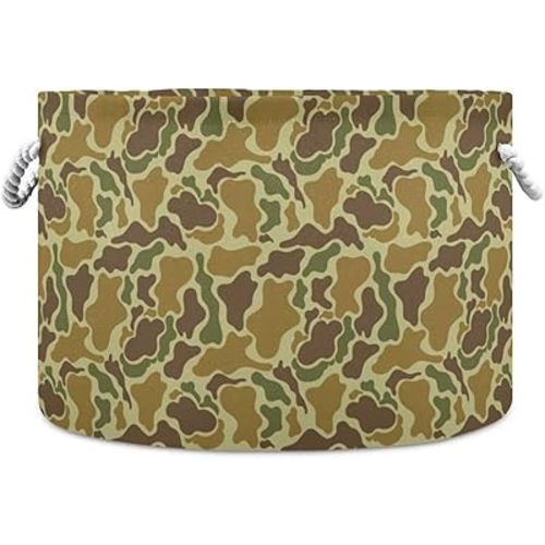 Green Camo Print Round Storage Basket Military Camouflage Large Laundry Hamper 20x20x14 Inches Organizer Bin Blanket with Cotton Rope Handles Storage Bag for Nursery Bedroom Home Decor