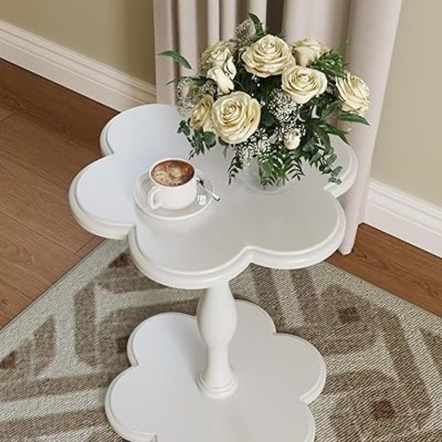Modern Vintage Pedestal Side Table, Solid Wood Flower-Shaped Accent End Table, Elegant Small Table for Living Room, Bedroom, or Sofa, Perfect for Coffee, Drinks, or Plants, White