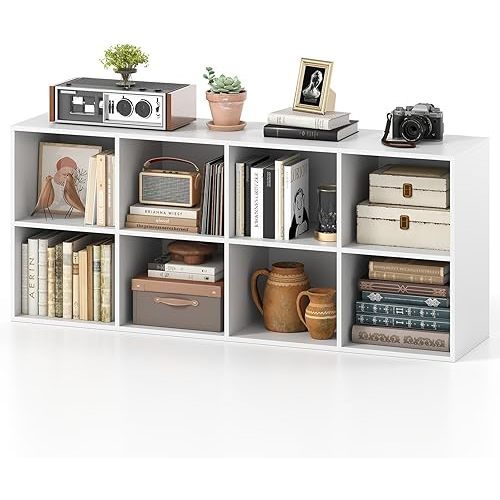 Tangkula 8-Cube Bookcase, Large Floor Standing Horizontal Bookshelf with 8 Open Shelves & 2 Anti-Tipping Kits, Home Office Wooden Storage Book Shelf for Living Room, Study (White, 8-Cube)