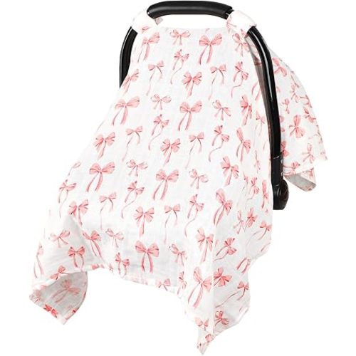 Muslin Baby Car Seat Cover, Summer Carseat Cover for Baby Girl, Breathable Baby Car Seat Canopy, Pink Bow