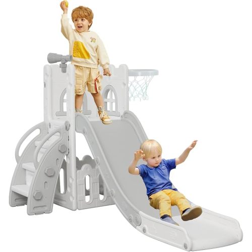 6 in 1 Toddler Slide,Kids Climber Slider for Indoor Outdoor Playground with Basketball Hoop,Storage and Telescope,L Shaped Slide for Toddler Climber Playset