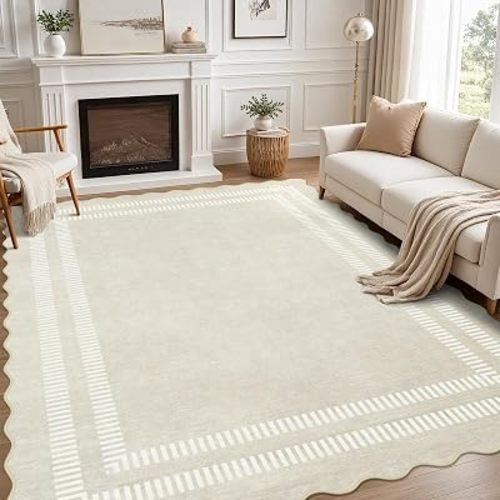Washable 8x10 Area Rugs for Living Room, Solid Ivory Ultra-Thin Bedroom Rug Non-Slip Dining Room Rugs, Soft Scalloped Carpet for Nursery Kids Room Office