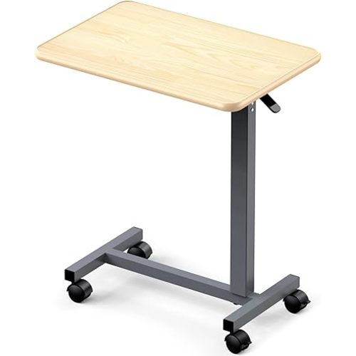 WOTURE Adjustable Overbed Table with Wheels, Bedside Rolling Table, Pneumatic Height Adjustment, Hospital Bed Table on Wheels, Standing Desk, Bedridden & Mobility Needs, Maple