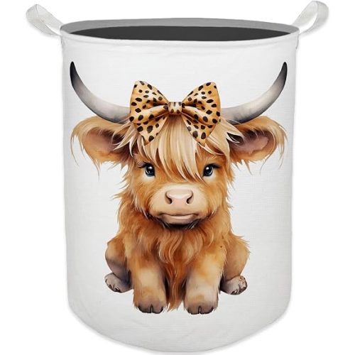 Highland Cow Baby Nursery Laundry Basket, Toybox for Girls Room, Leopard Bow Cow Laundry Basket Hamper Waterproof Collapsible Clothes Toys Storage Bin Organizer for Kids Room Playroom Bathroom