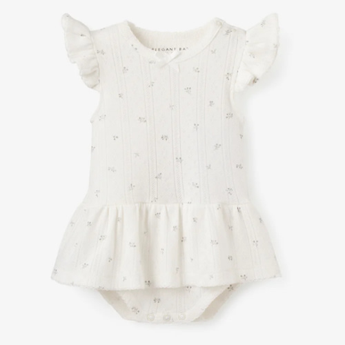 White Floral Organic Cotton Pointelle Baby Bubble Romper