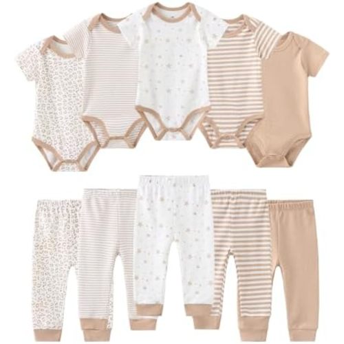 Ruliby Baby Bodysuit and Pant Set 10-pcs Cotton Soft Newborn Clothes Outfit