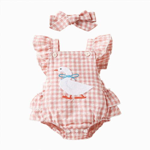 Baby Onesies Girl Baby Girl Western Outfit Goose Embroidery Plaid Ruffle Sleeveless Bubble Romper Bodysuit Newborn Farm Clothes Headband