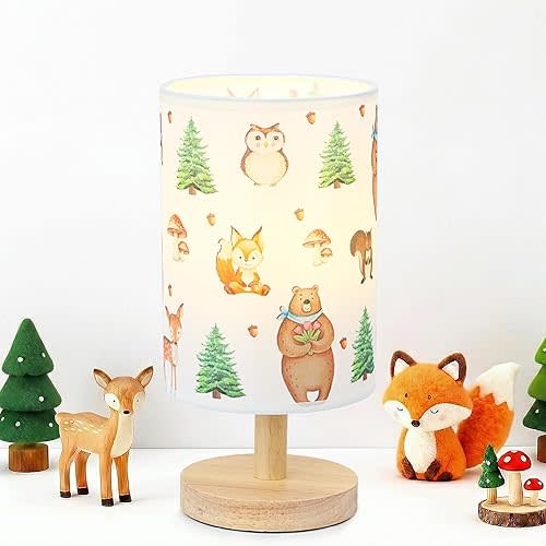Woodland Animals Table Lamp - Woodland Kids Bedside Lamp with Linen Wooden Nightstand Cartoon Nursery Lampshade for Kids Room Decor