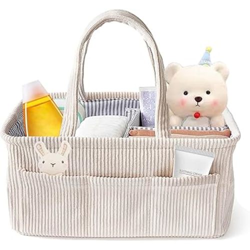 Baby Nappy Caddy, Nappy Organiser, Nursery Corduroy Storage Basket, Baby Shower Basket, Portable Car Organizer with Removable Inserts (Beige-Corduroy)
