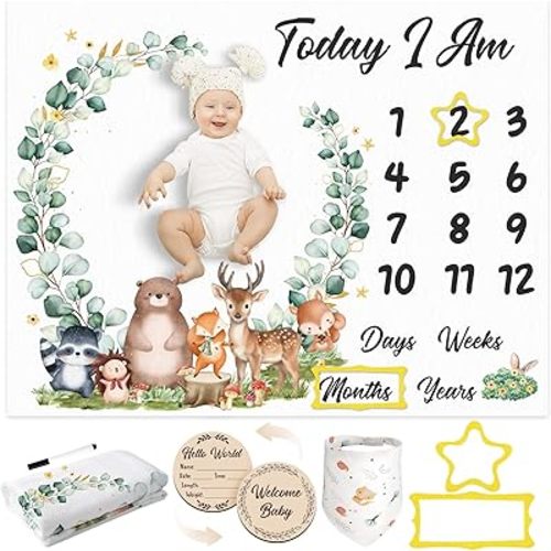 Baby Milestone Blanket for Baby Boy, Safari Animals Baby Growth Blanket Newborn Photography Background with Wooden Signs, Frames, Bandana