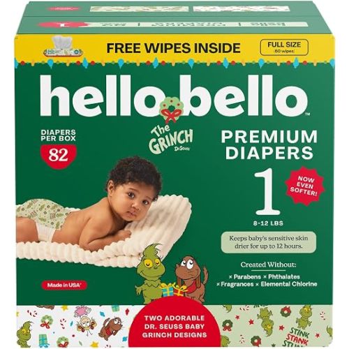 Hello Bello Premium Diapers (Baby Grinch) Size 1 (8-12 lbs), 82ct + Wipes