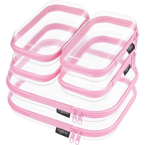6 Pack Pink Clear Hard Shell Beauty Organizer (2M+4S), 1.2mm Heavy Duty Crush-Proof Cosmetic Case, Reinforced YKK Zippers, Stadium Approved Security Bag for Skincare & Electronics, Multi-Size Set
