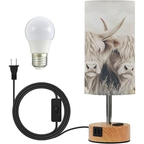 ALAZA Bedside Table Lamp Highland Cow Cattle Flower Touch Lamp for Bedroom 3 Way Dimmable Nightstand with USB Charging Ports Living Room, LED Bulb Included
