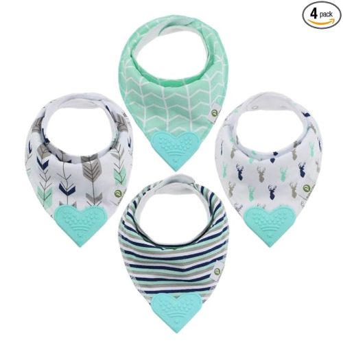 Pickle & Olive Baby Bandana Teething Bibs with Attached Silicone Teether, Set Of 4 - Blue Deer