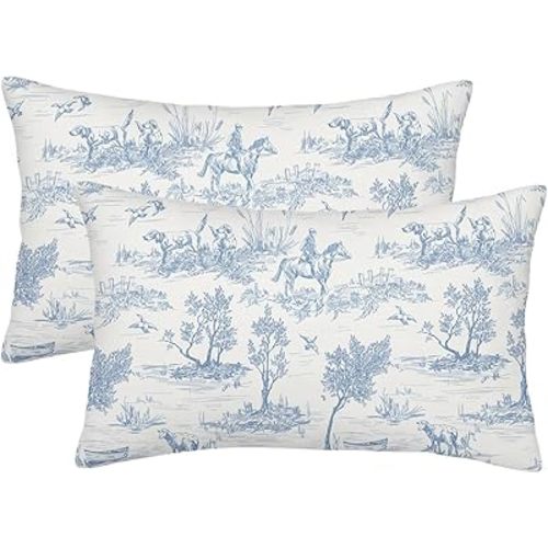 Blue and White Toile Pillow Covers 12x20 Inch Set of 2 Vintage French Country Throw Pillow Cover Rustic Linen Cushion Cover Decor for Home Sofa Bedroom Outdoor Indoor