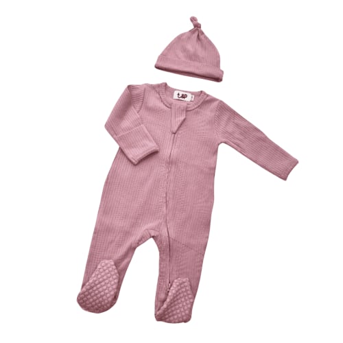Organic Cotton Long Sleeved Footie Bodysuits with Beanies - Soft and Sustainable Baby Clothing Sets for a Cozy and Cute Look - Powder Rose