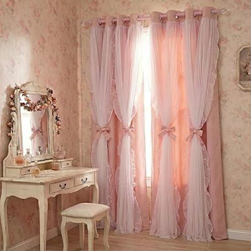 PONY DANCE Pink Curtains, Double Layer Bow Curtains with Ruffle Sheer Overlay for Girls Bedroom,Shabby Chic Room Darkening Drapes in Coquette Style,Blush Pink,52x84 inch, 2 PCs