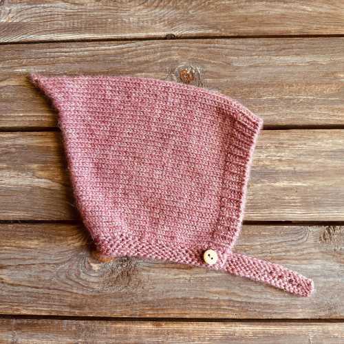 Vintage Baby Pixie Bonnet With Button – Knitted With Alpaca Wool in Blush Pink