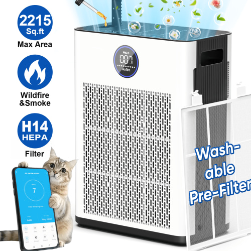 AIRFIRE Air Purifiers for Home up to 2215 Sq.ft, H14 HEPA Filter WiFi Air Purifier for Pet Owners, Allergies and Asthma Suffers, Pollen, Wildfire, With Washable Filter, AP404, White, 2026 New