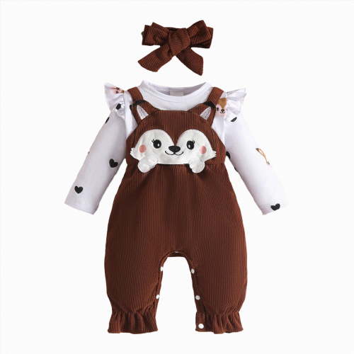 CAICJ98 Newborn Baby Girl Clothes Ruffle Sleeve Jumpsuit Corduroy Cute Romper+Headband Cute Fall Winter One Piece Outfit Brown,Size 12-18 Months